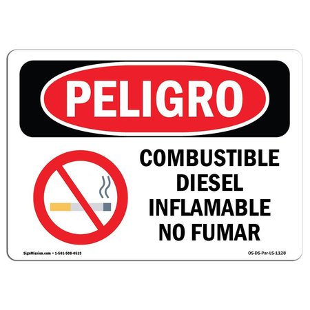 SIGNMISSION OSHA Sign, 10" H, 14" W, Aluminum, Diesel Fuel Flammable No Smoking Spanish, 1014-LS-1128 OS-DS-A-1014-LS-1128